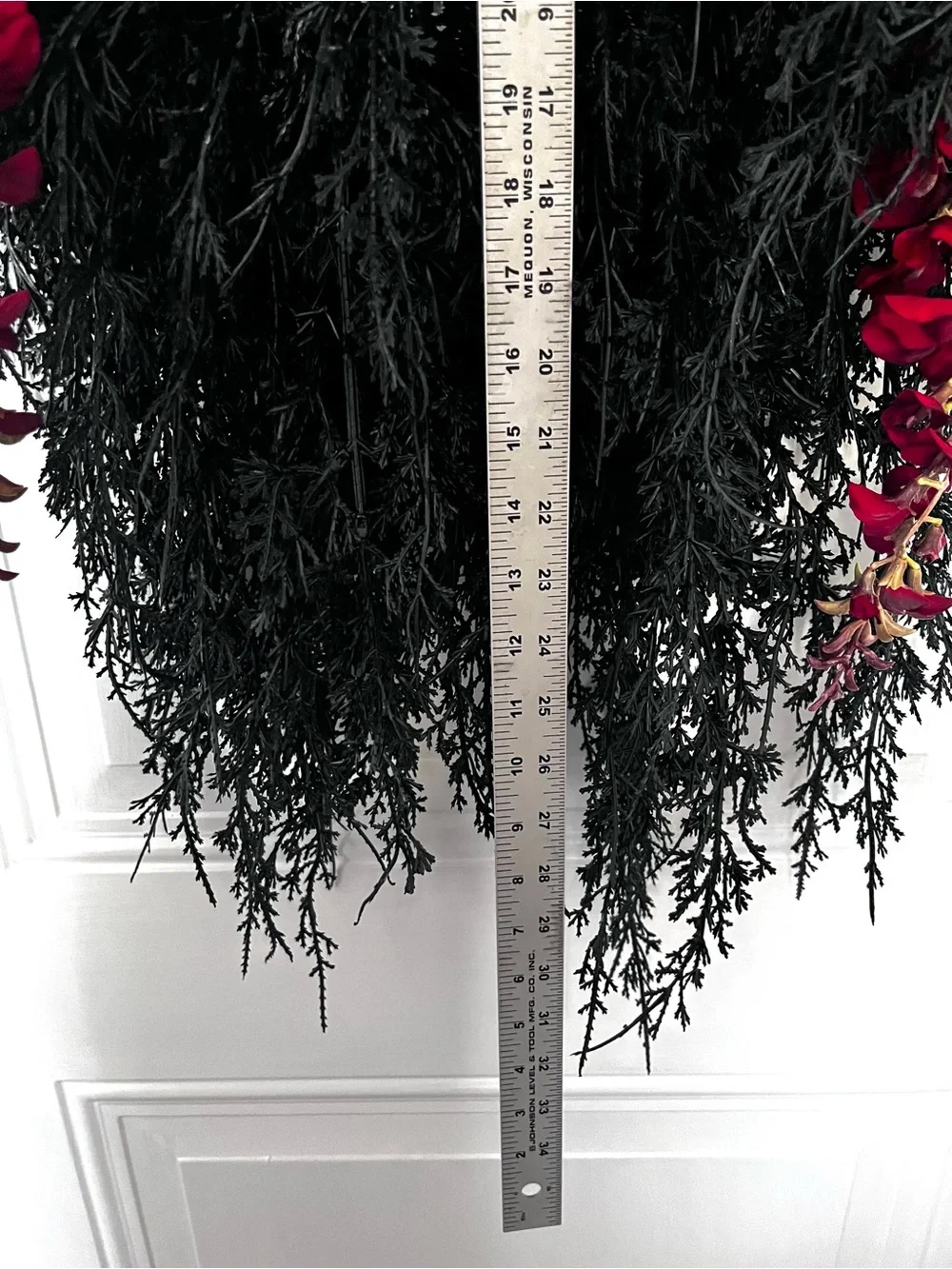 Hand Crafted Draping Black Faux Cedar Blood Red Cascading Wisteria Gothic Wreath